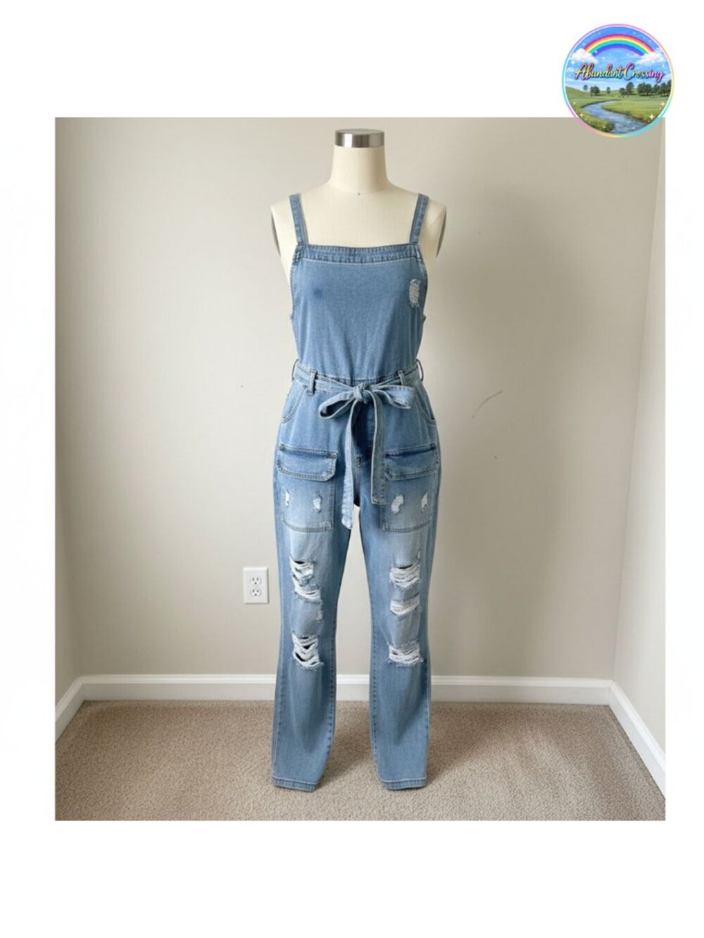 Denim Jumpsuit Halter Wide Leg Ripped Jean Jumpsuit with Belt Casual